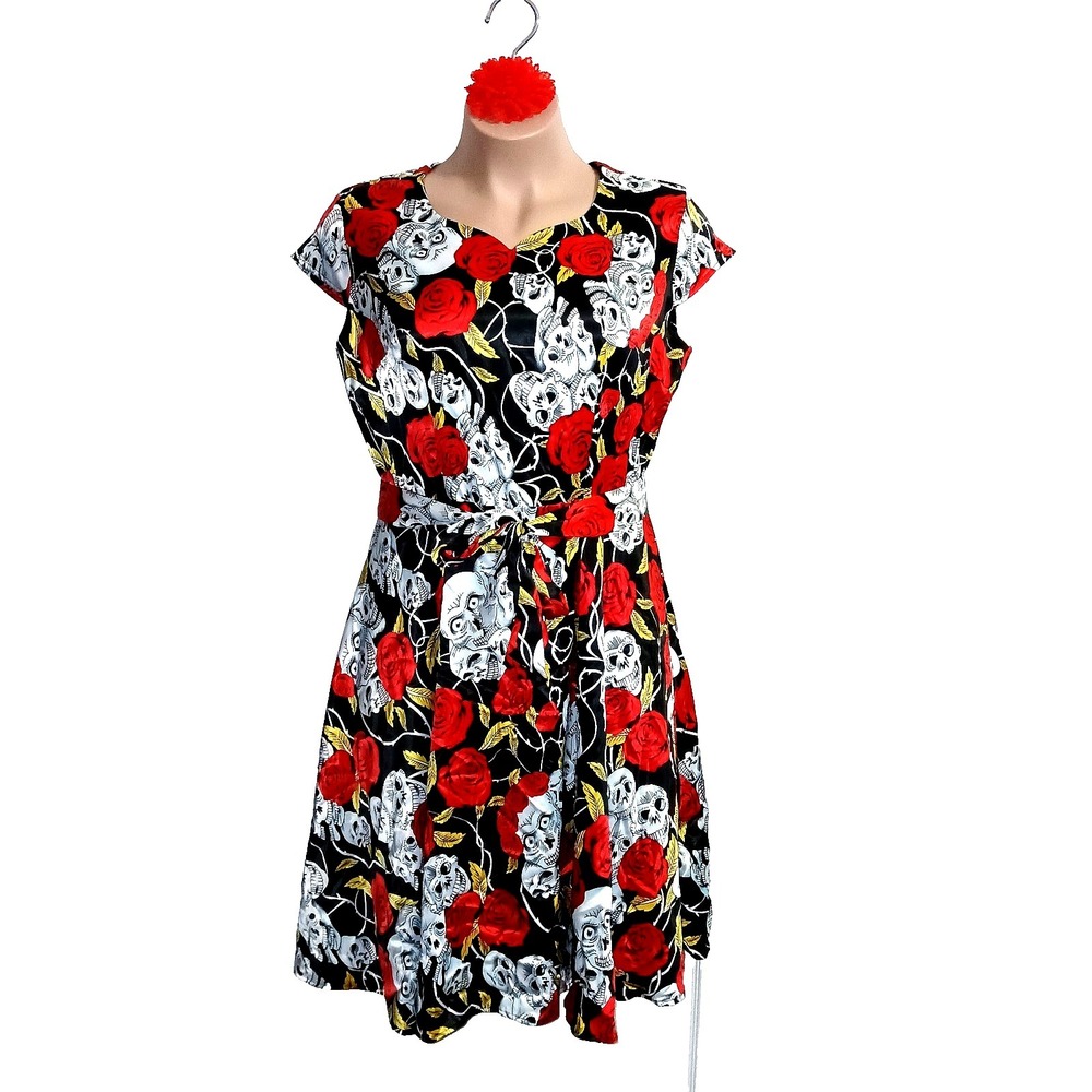 Whimsigoth Dark Romantic Skull Roses Women Dress XL Black Red Rockabilly Grunge